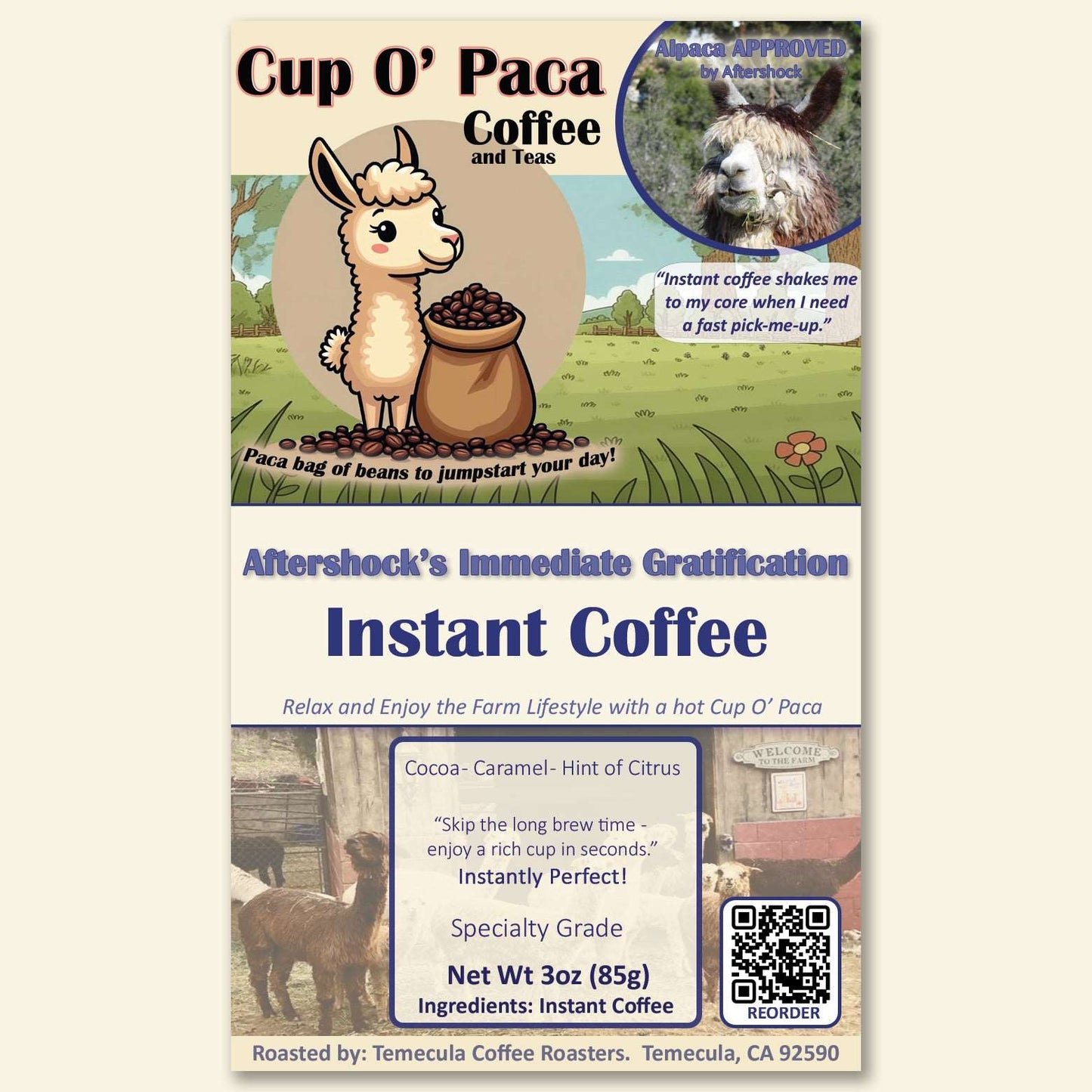 Aftershock's Immediate Gratification - Instant Coffee - Medium Roast - Specialty Coffee - Package Label