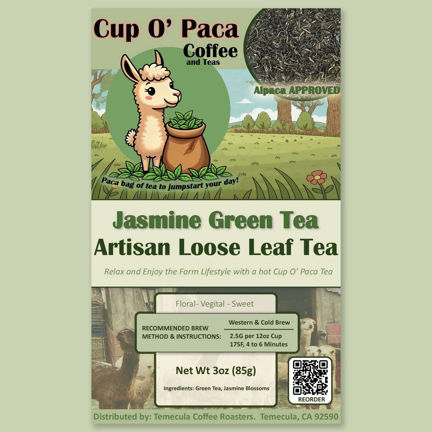 Jasmine Green Artisan Loose Leaf tea package label.