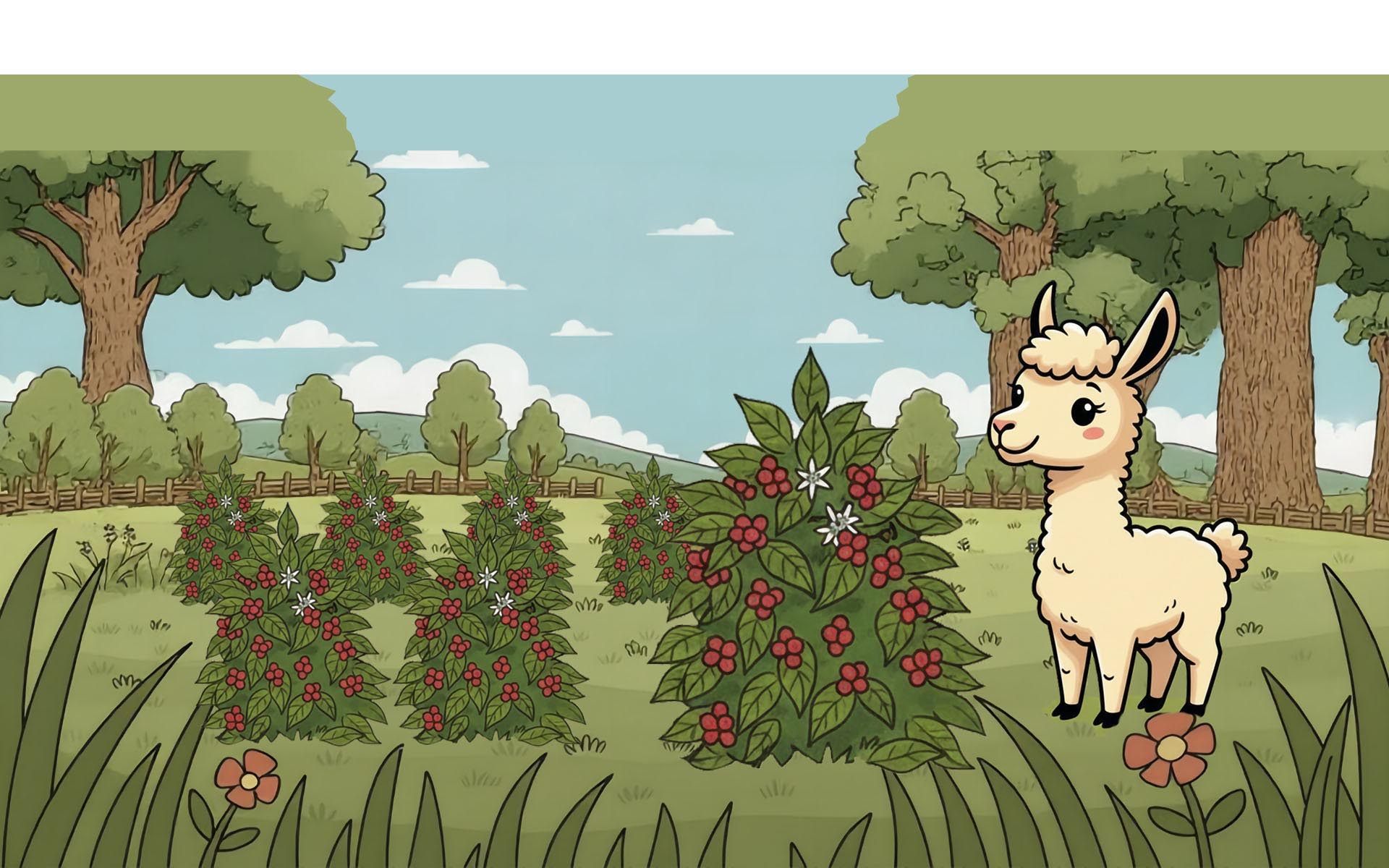 Cup O' Paca Coffee and Teas Banner art featuring Bean the Alpaca.  Setting with a pasture and coffee bushes.