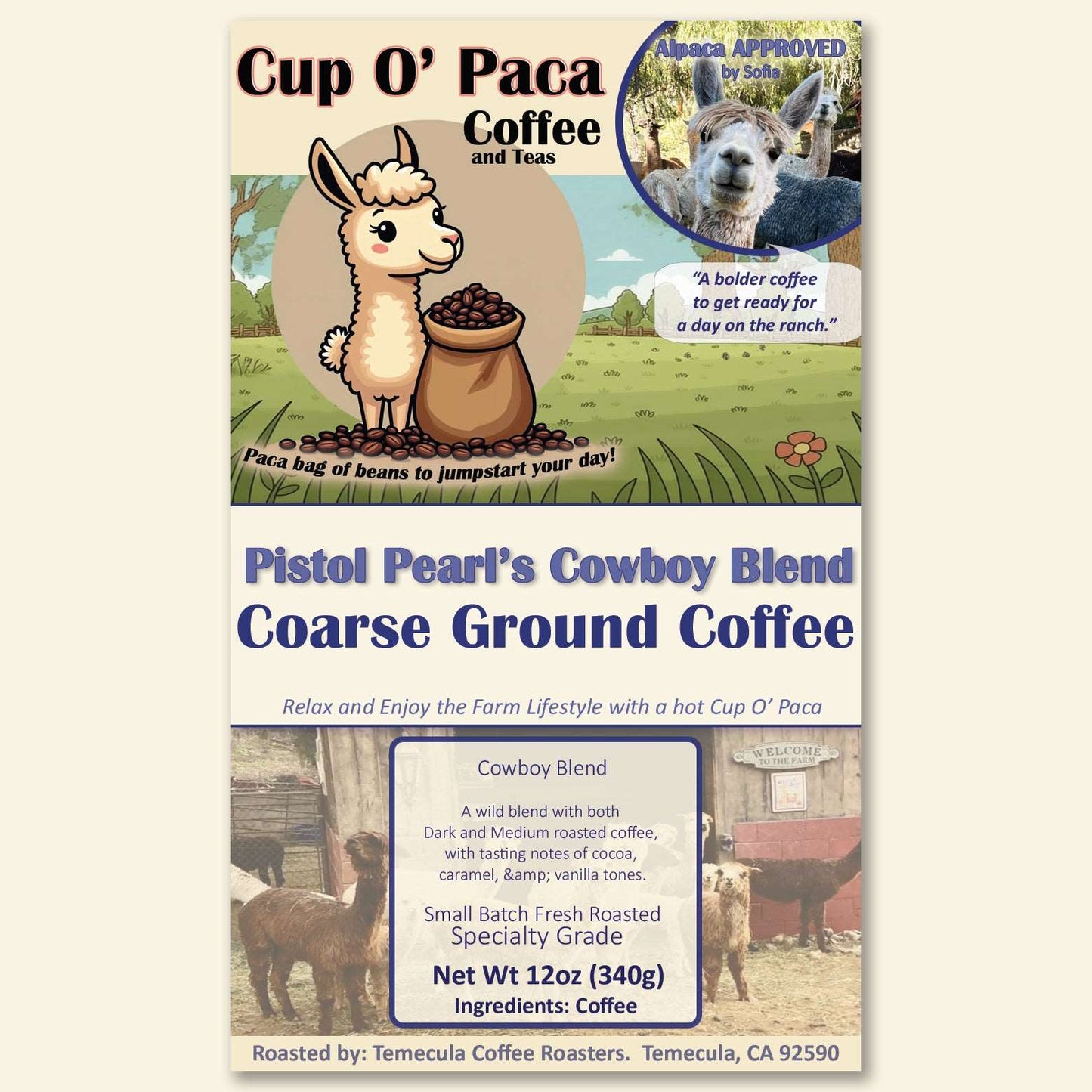 Pistol Pearl's Cowboy Blend - Blend Coffee - Specialty Coffee package Label