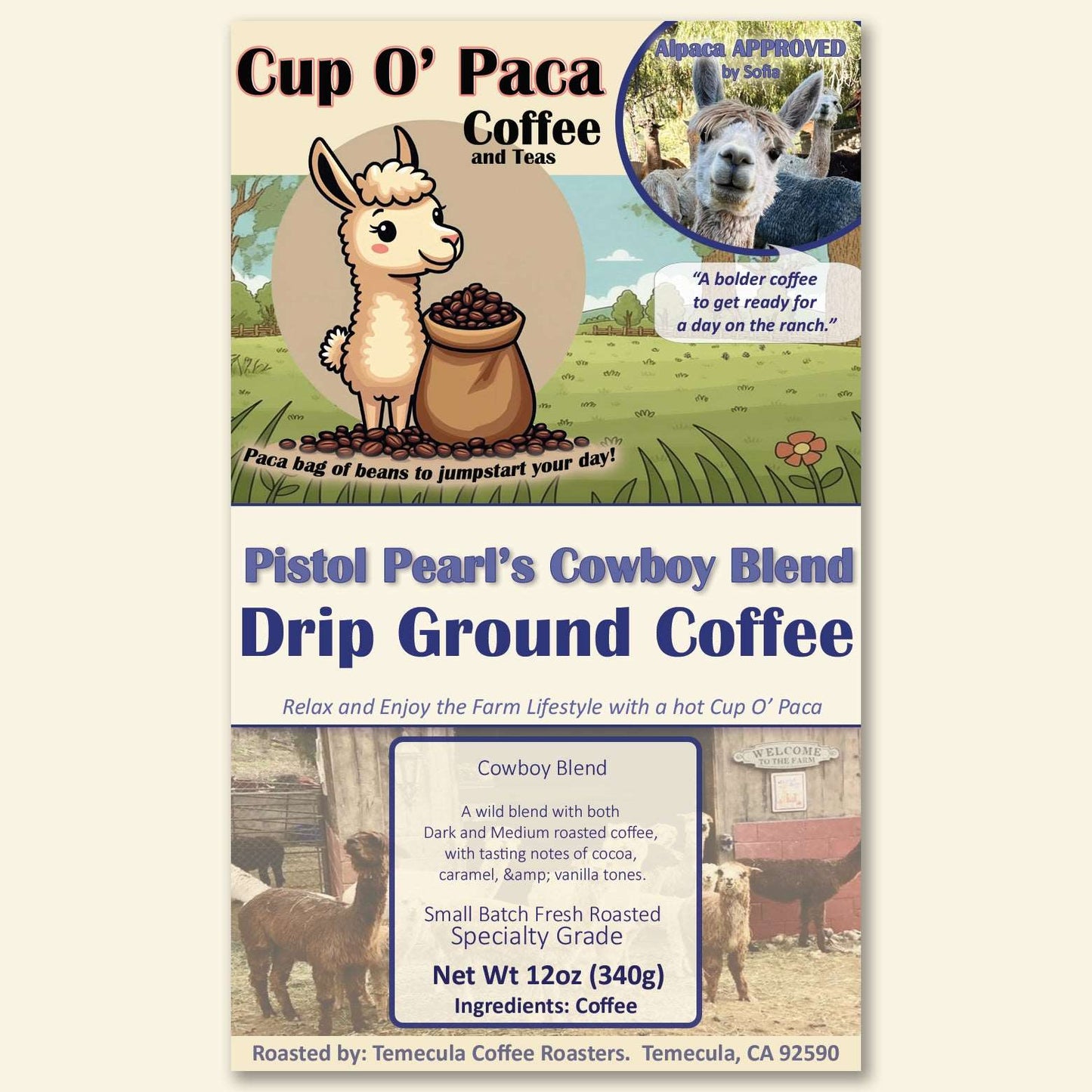 Pistol Pearl's Cowboy Blend - Blend Coffee - Specialty Coffee package Label
