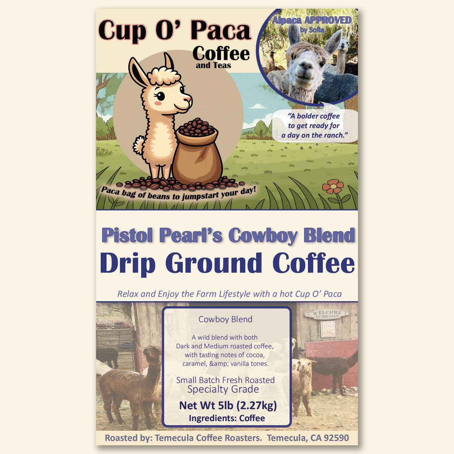 Pistol Pearl's Cowboy Blend - Blend Coffee - Specialty Coffee package Label