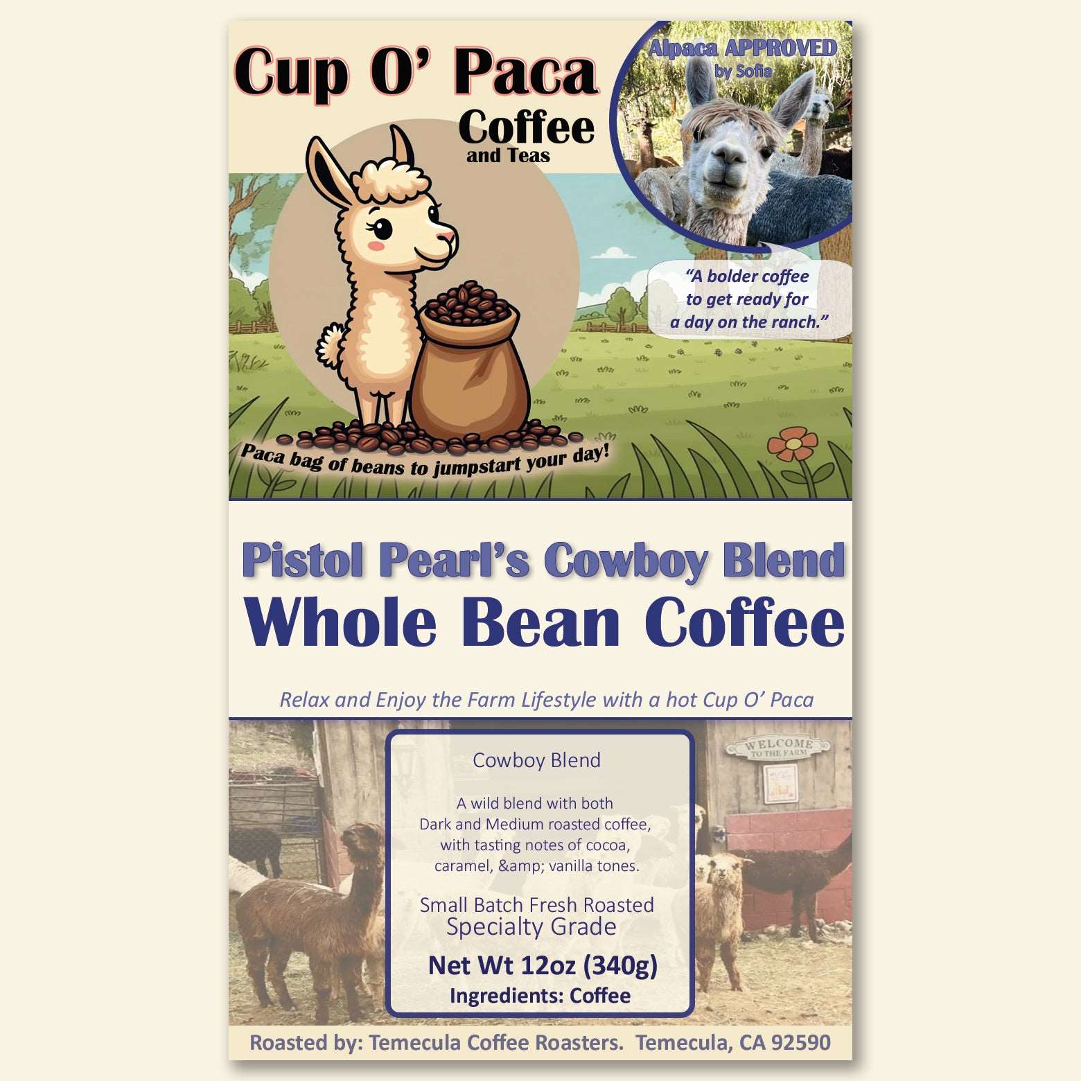 Pistol Pearl's Cowboy Blend - Blend Coffee - Specialty Coffee package Label