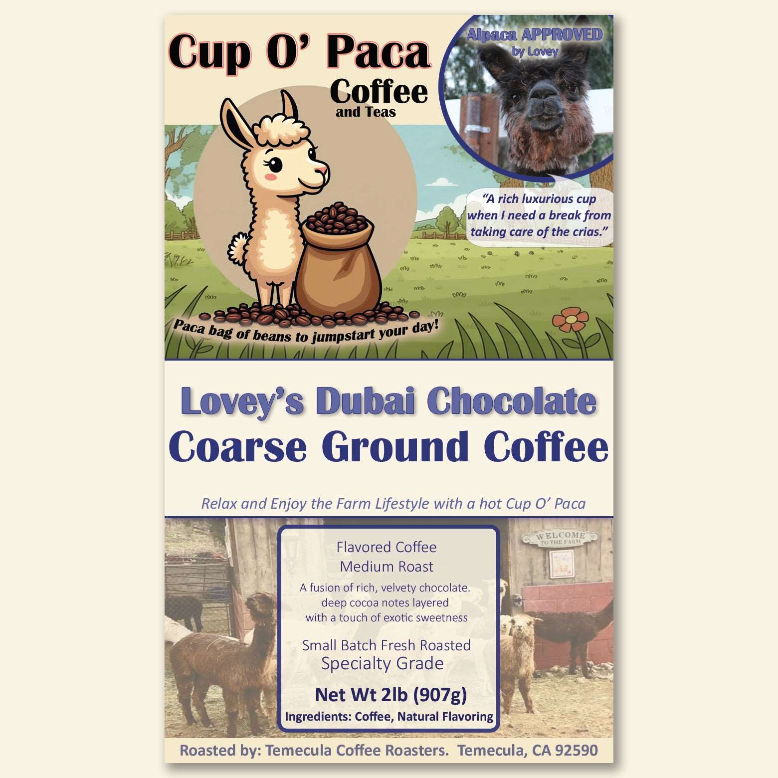 Lovey's Dubai Chocolate - Flavored Coffee - Specialty Coffee package Label