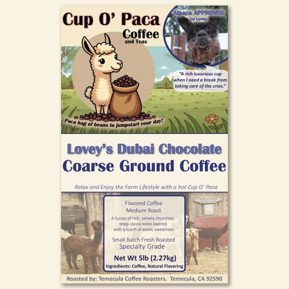 Lovey's Dubai Chocolate - Flavored Coffee - Specialty Coffee package Label
