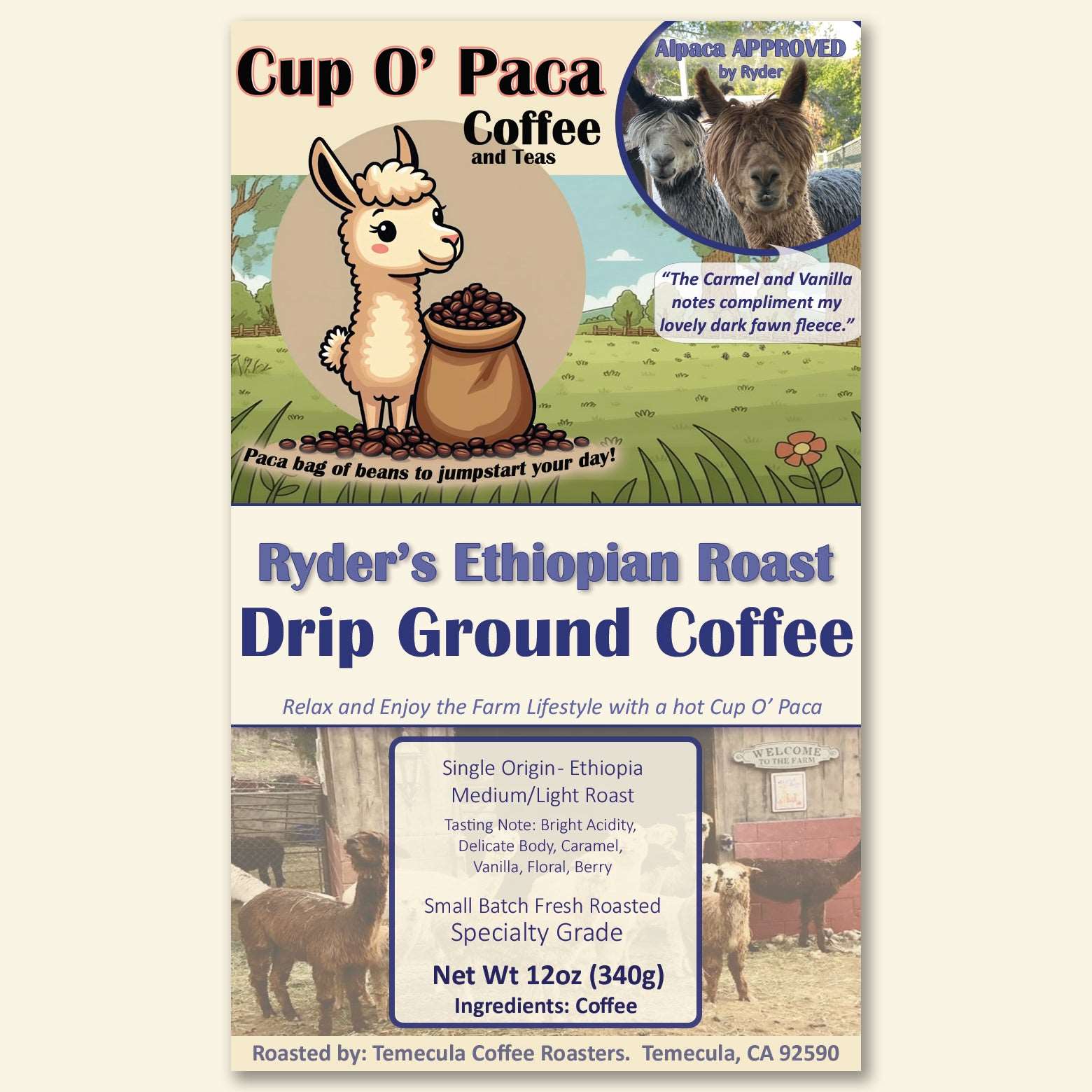 Ryder's Ethiopian Roast - Single Origin Ethiopia - Specialty Coffee package Label