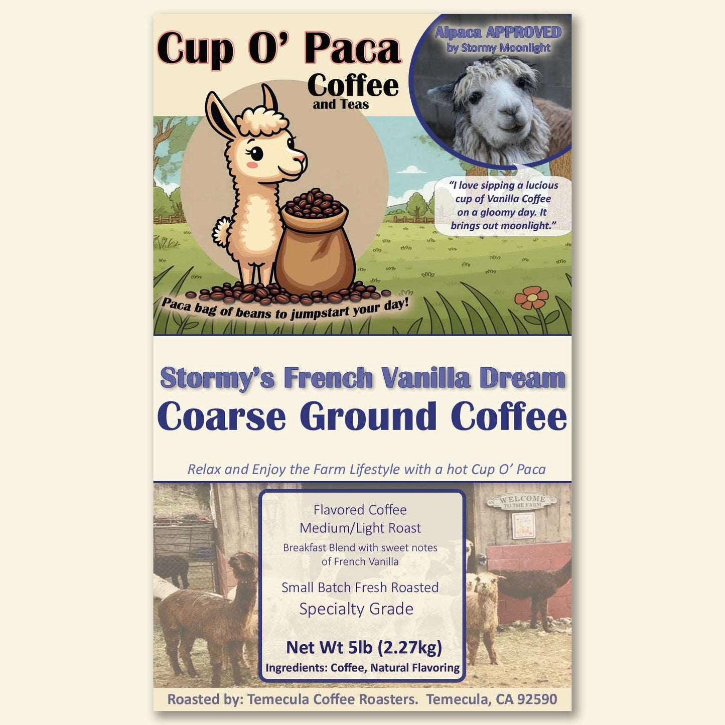 Stormy's French Vanilla Dream - Flavored Coffee - Specialty Coffee package Label
