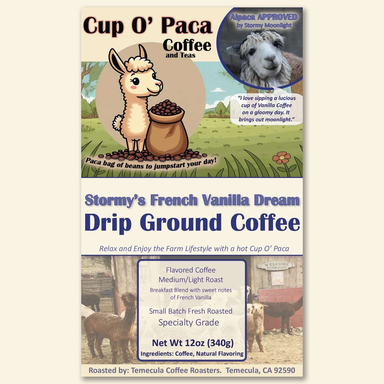Stormy's French Vanilla Dream - Flavored Coffee - Specialty Coffee package Label