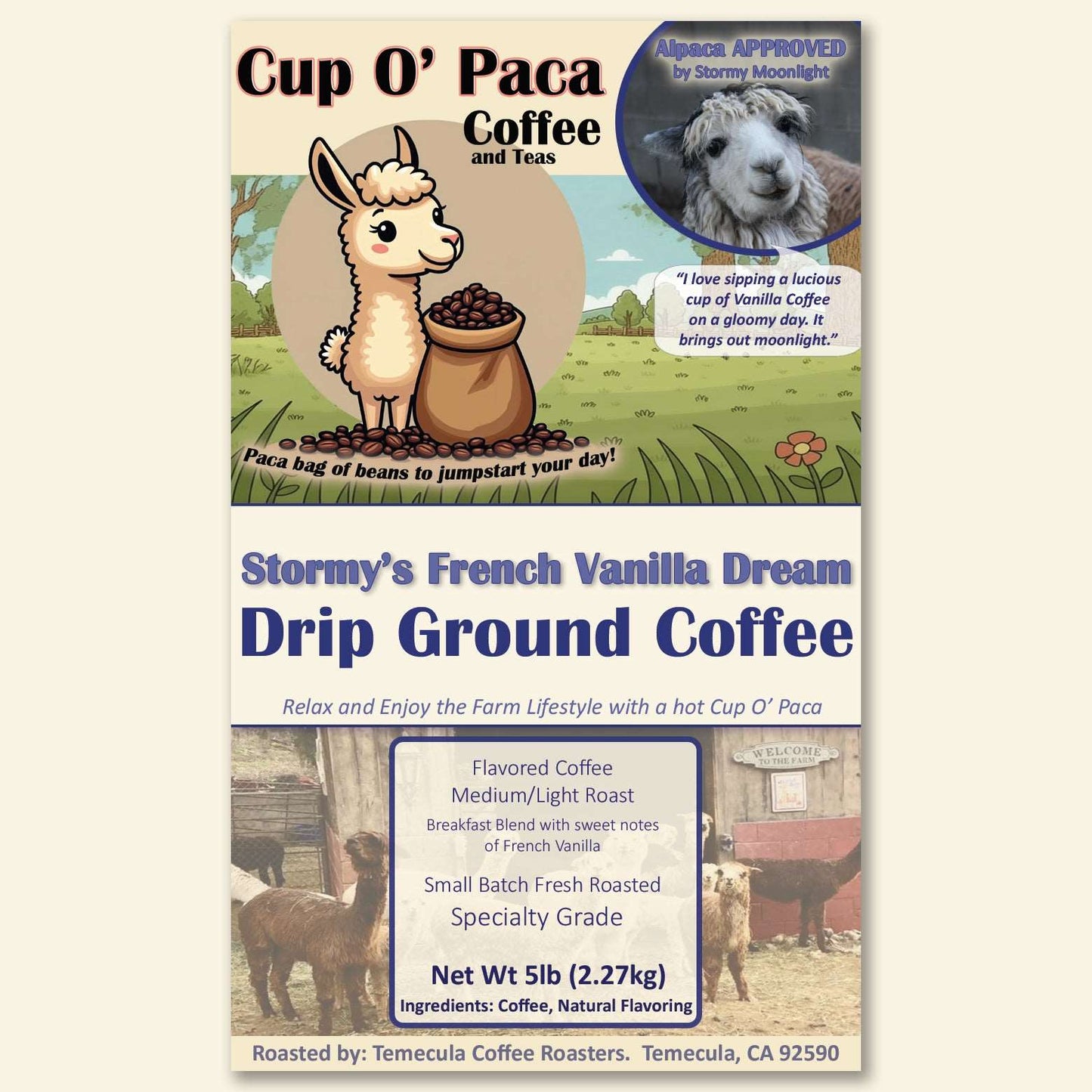 Stormy's French Vanilla Dream - Flavored Coffee - Specialty Coffee package Label