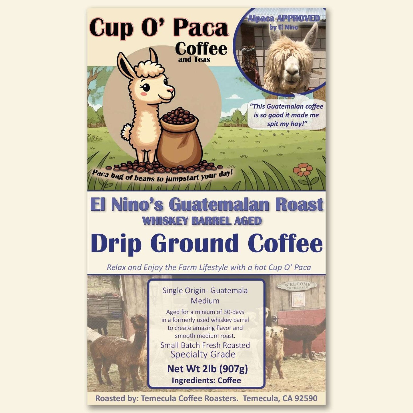 El Nino's Guatemalan Roast - Whiskey Barrel Aged - Specialty Coffee package Label
