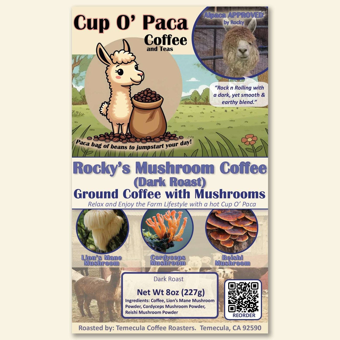 Rocky's Mushroom Coffee - Dark Roast - Mushroom Coffee - Lion's Mane, Cordyceps, Reishi