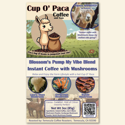 Blossom's Pump My Vibe Blend - Instant Coffee - Mushroom Coffee - Medium Roast - Specialty Coffee - Package Label