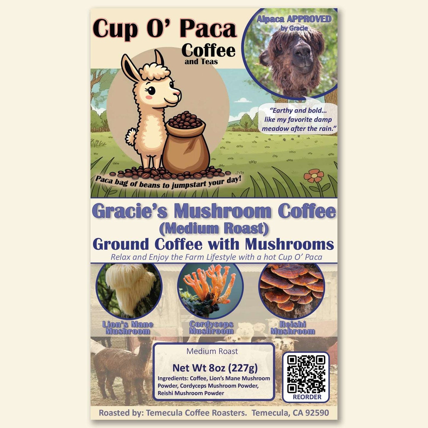 Gracie's Mushroom Coffee - Medium Roast - Mushroom Coffee - Lion's Mane, Cordyceps, Reishi
