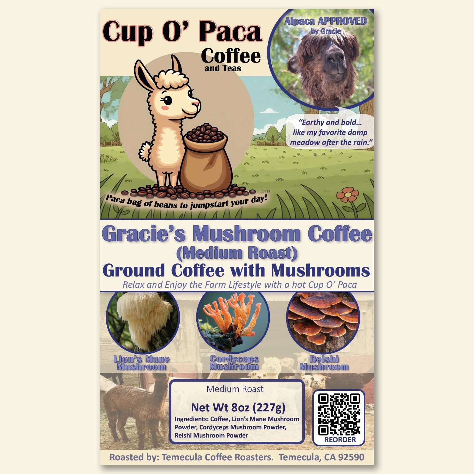 Gracie's Mushroom Coffee - Medium Roast - Mushroom Coffee - Lion's Mane, Cordyceps, Reishi