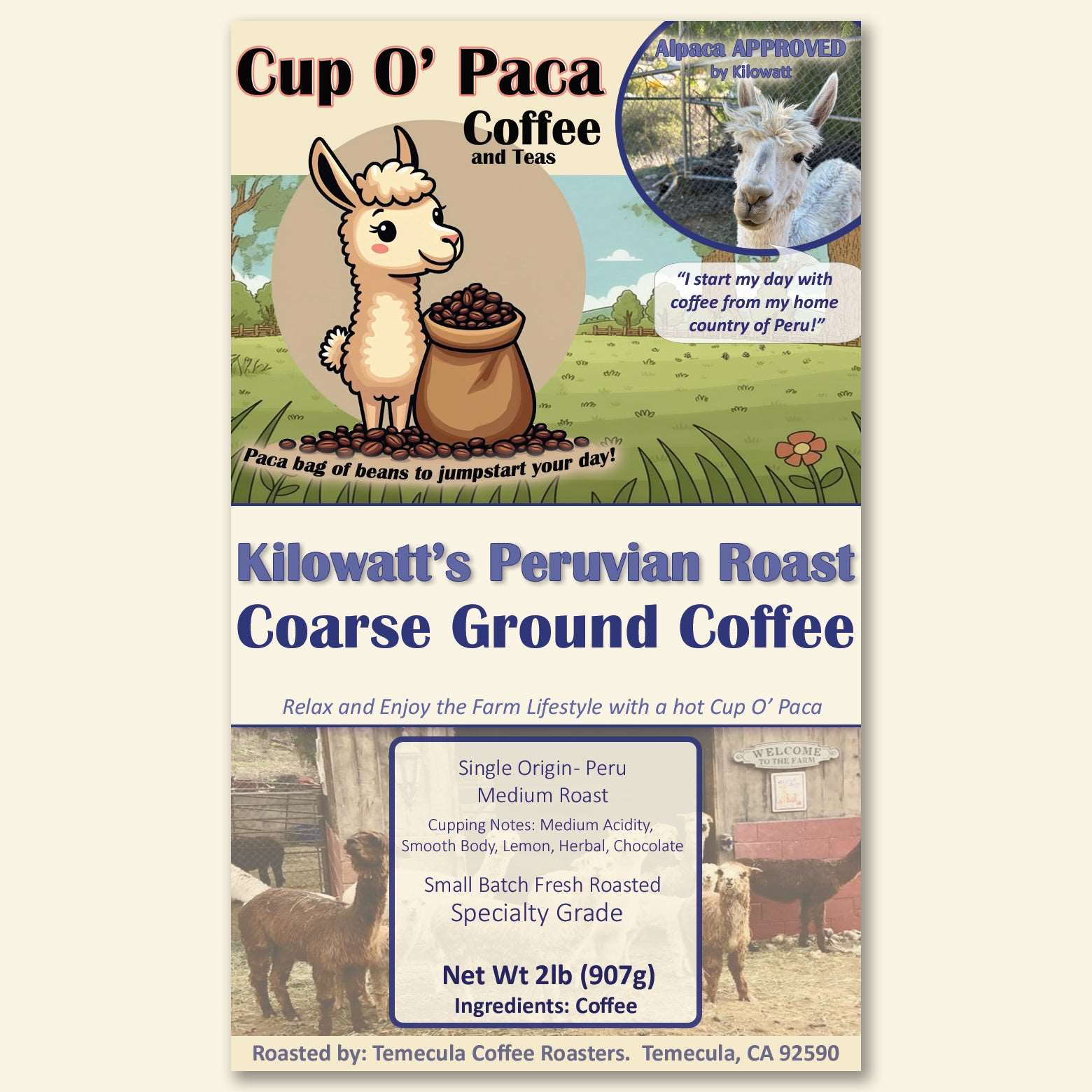 Kilowatt's Peruvian Roast - Single Origin Peru - Specialty Coffee package Label