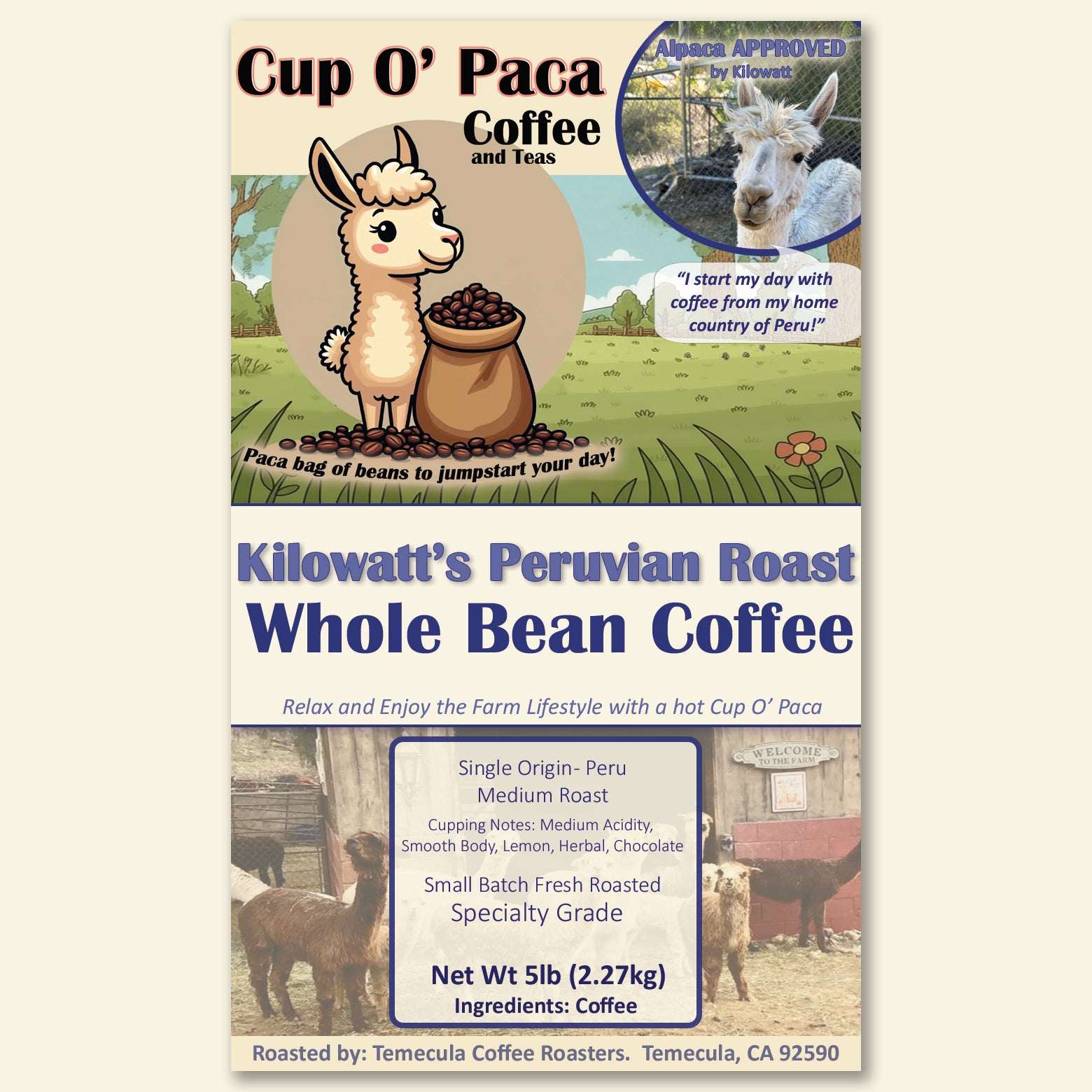 Kilowatt's Peruvian Roast - Single Origin Peru - Specialty Coffee package Label
