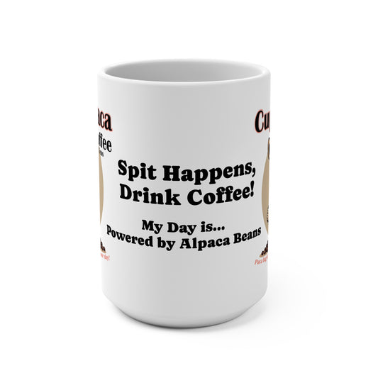 Coffee Mug with Spit Happens and logo