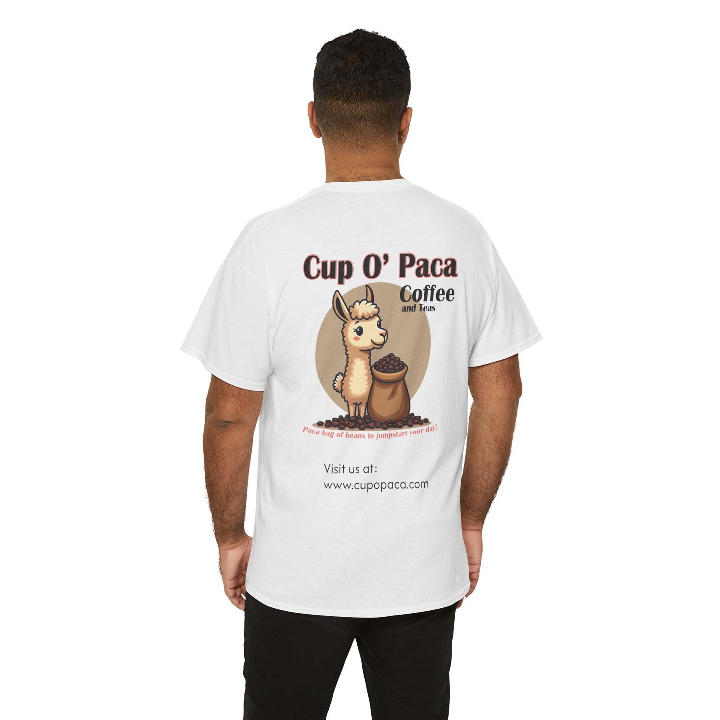 Man showing back of Cup O Paca tshirt