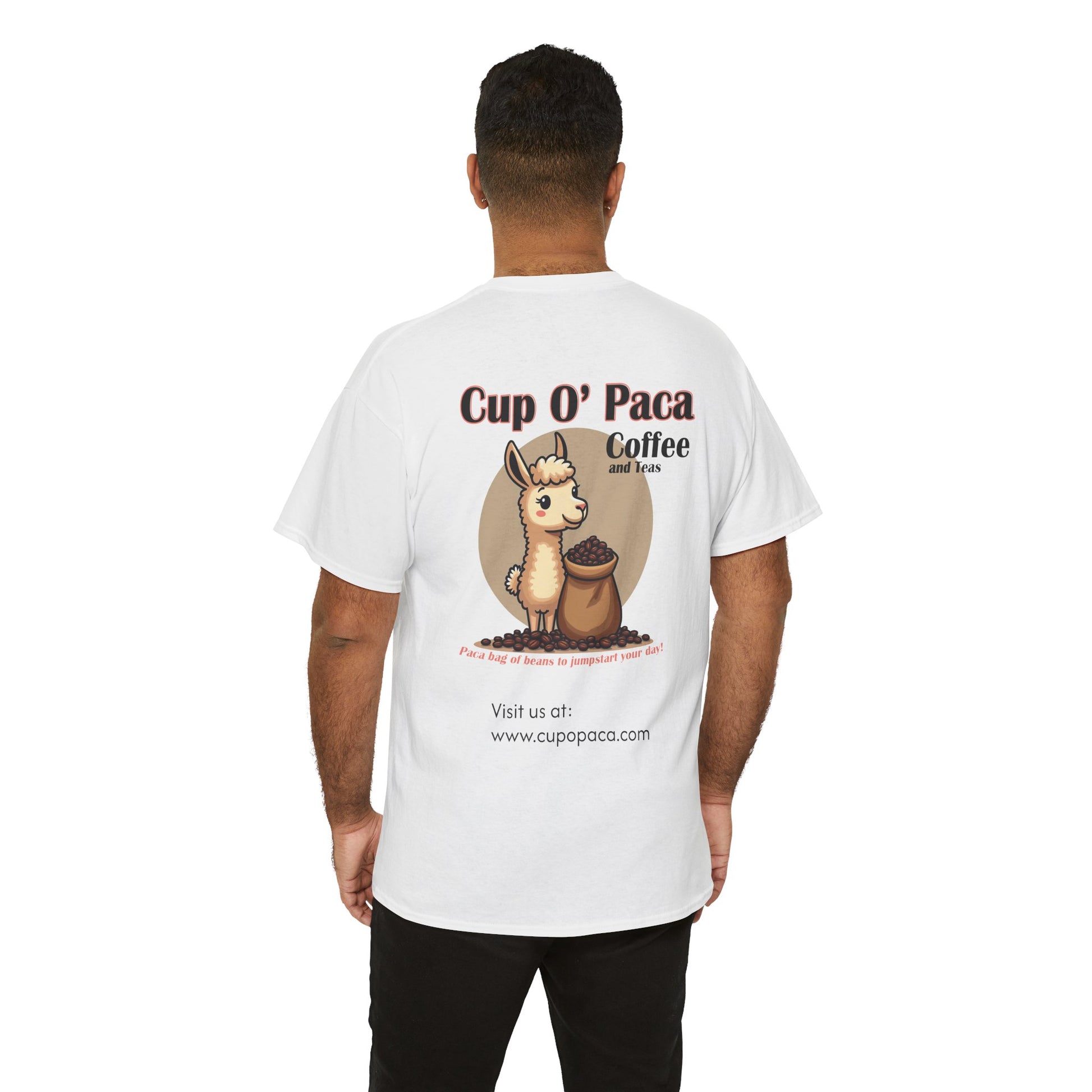 Man showing back of Cup O Paca tshirt