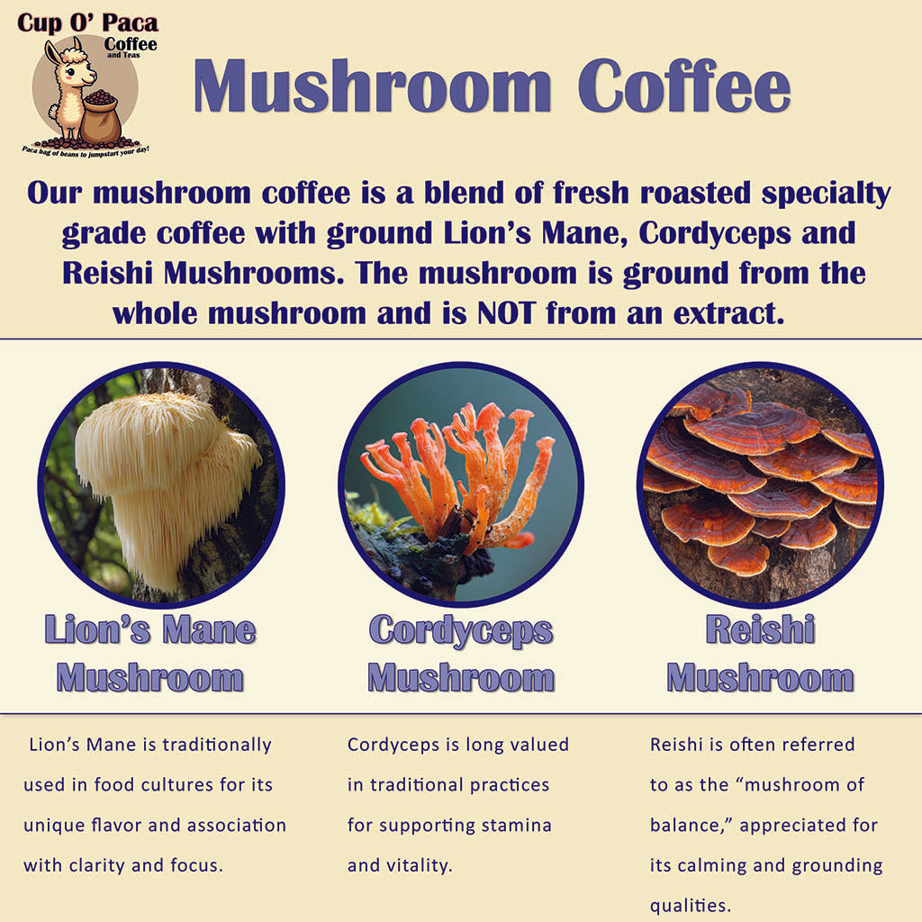 Mushroom Coffee Ingredients Lineup with functional descriptions -Lion's Mane, Cordyceps, Reishi