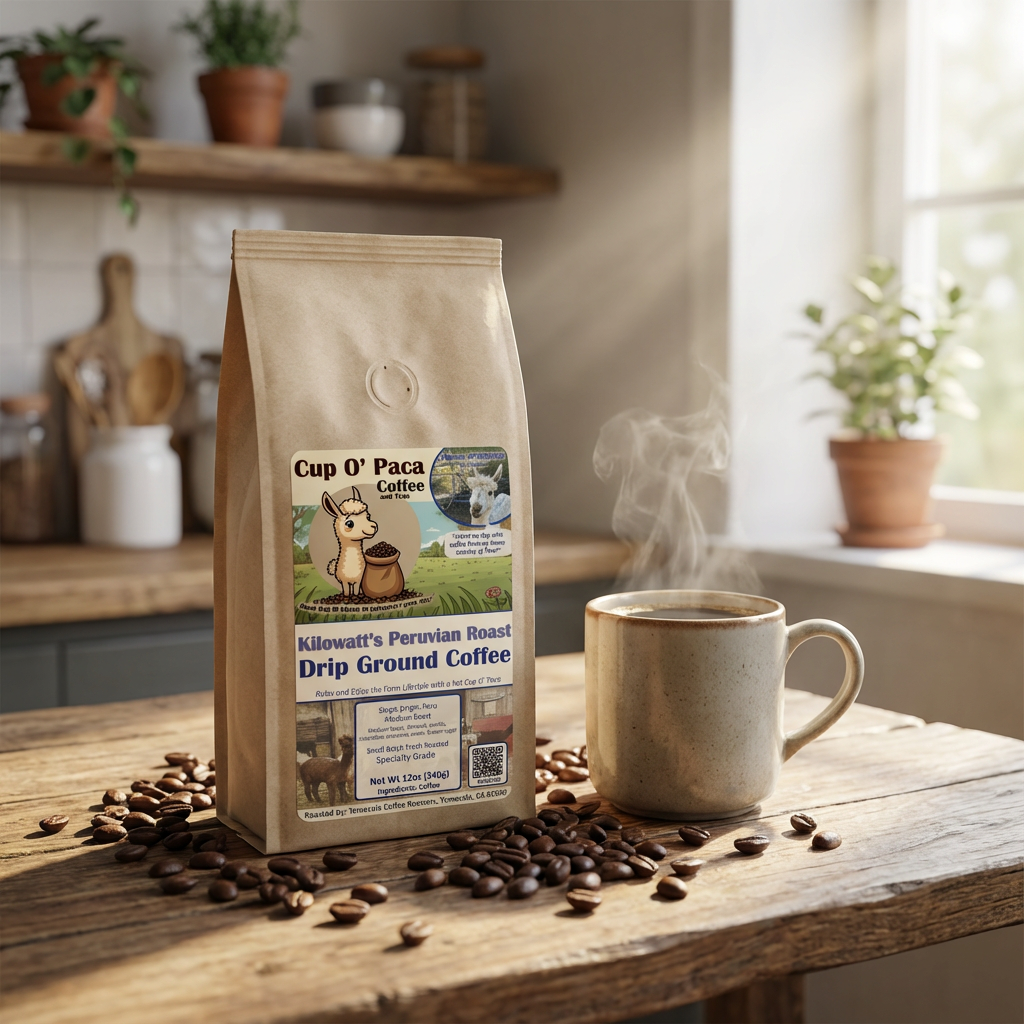 Steaming cup of coffee next to our Specialty Coffee Package