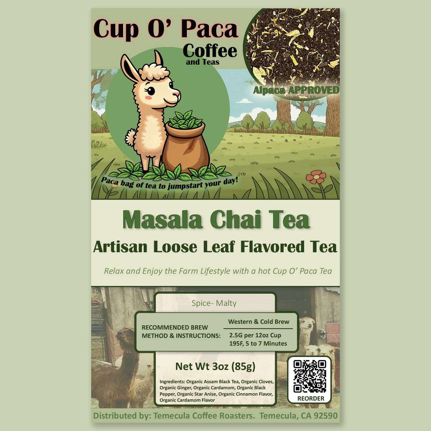 Masala Chai Artisan Loose Leaf Tea package label.