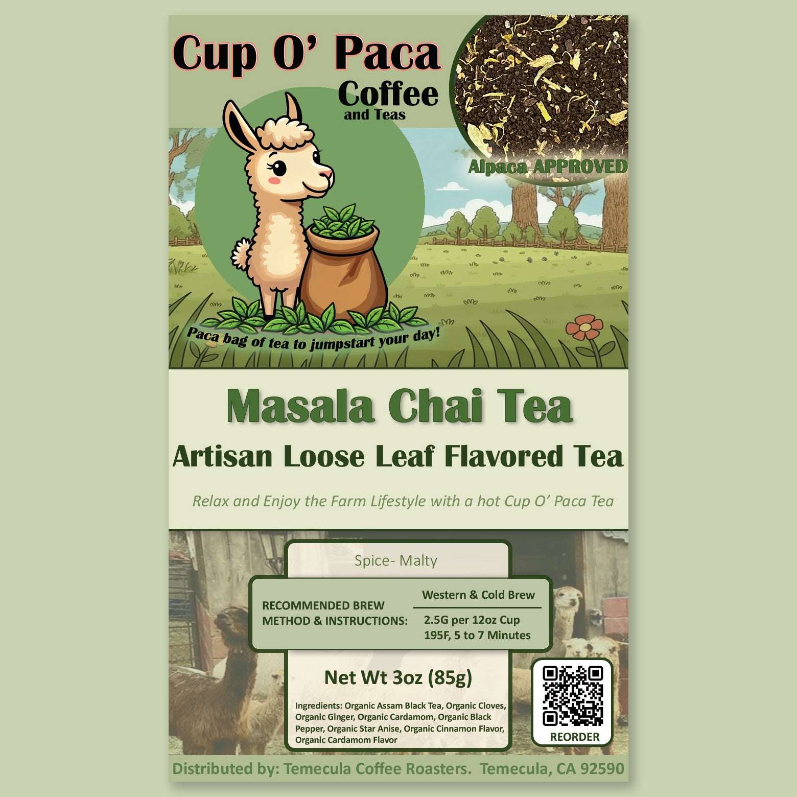 Masala Chai Artisan Loose Leaf Tea package label.