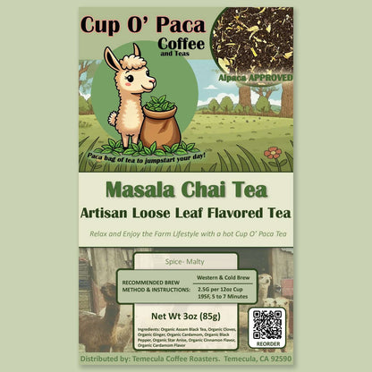 Masala Chai Artisan Loose Leaf Tea package label.