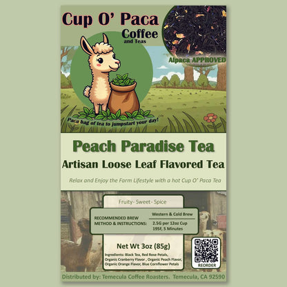 Peach Paradise Artisan Loose Leaf Tea package label.
