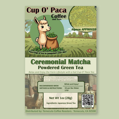Ceremonial Matcha Japanese Powered Green Tea package label.

