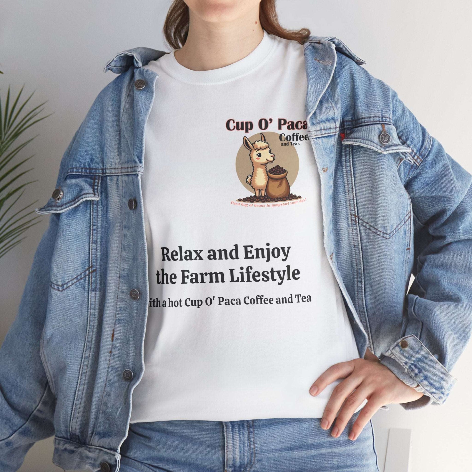 Girl wearing the Cup O Paca tshirt with jacket